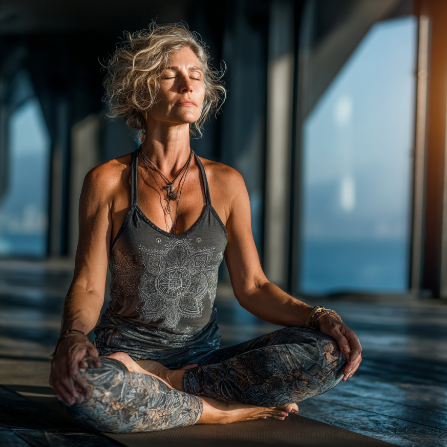 Группа пожилых людей занимается йогой