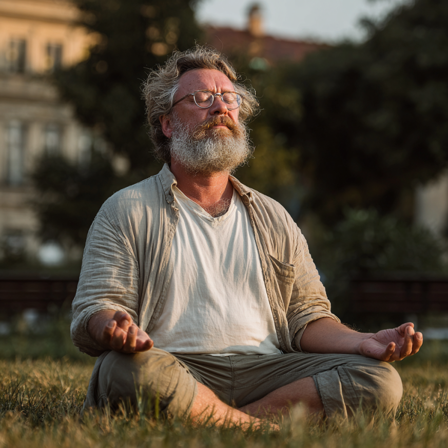 Пожилой мужчина в позе йоги